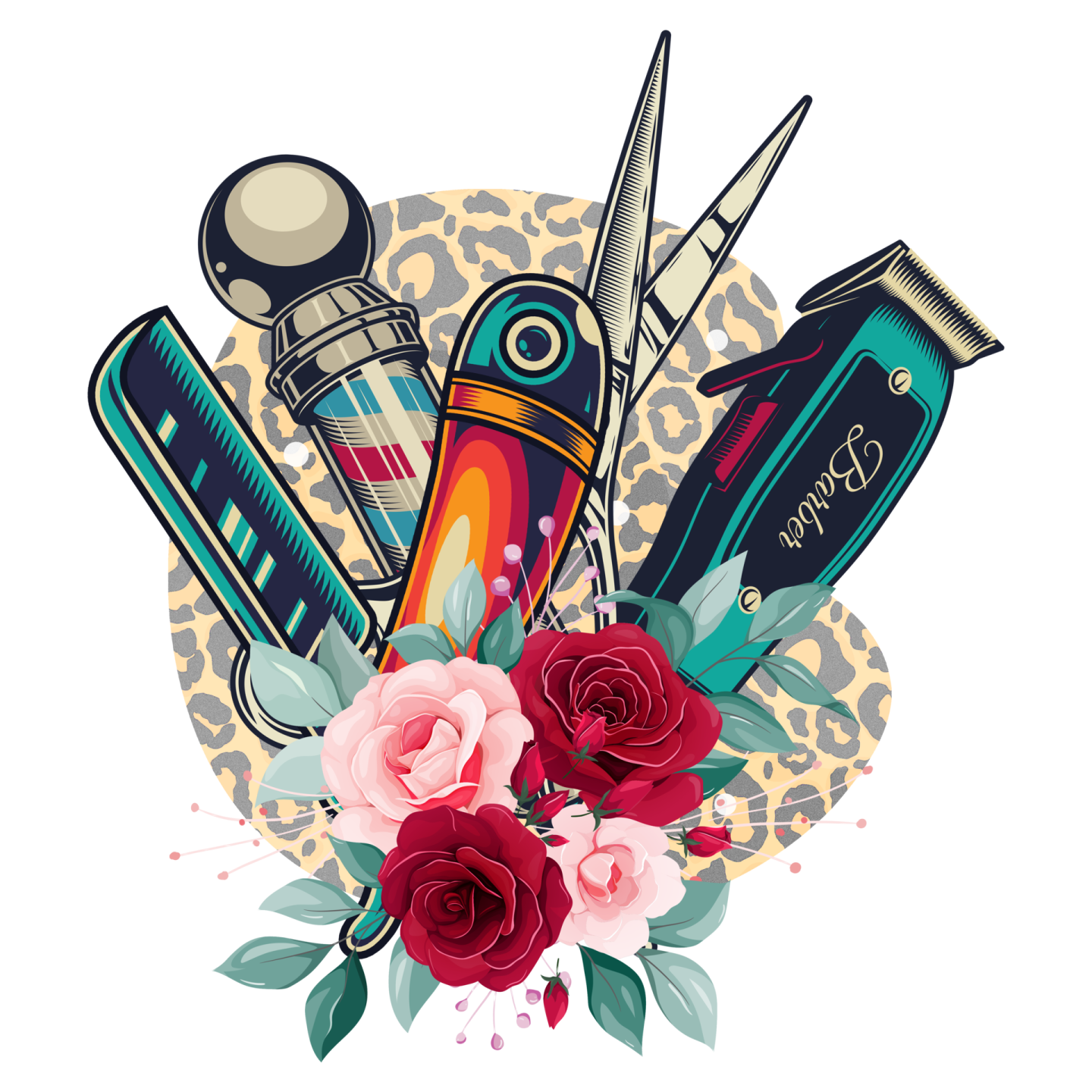 a bunch of hair products with roses and scissors