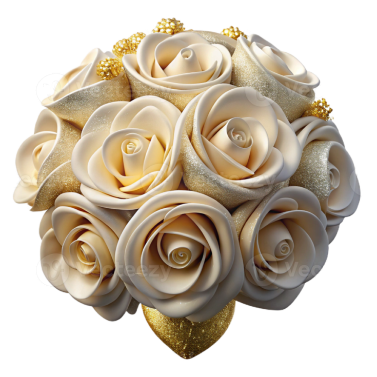 a bouquet of white and gold roses