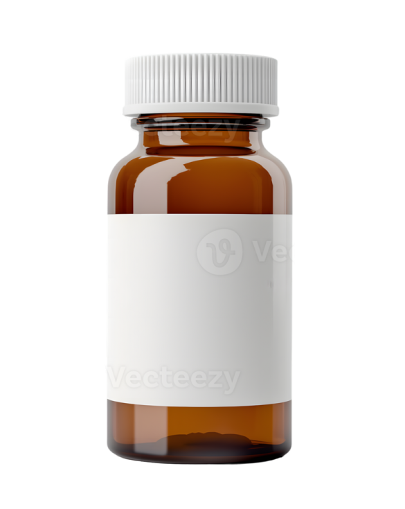 a glass bottle with a white label on it