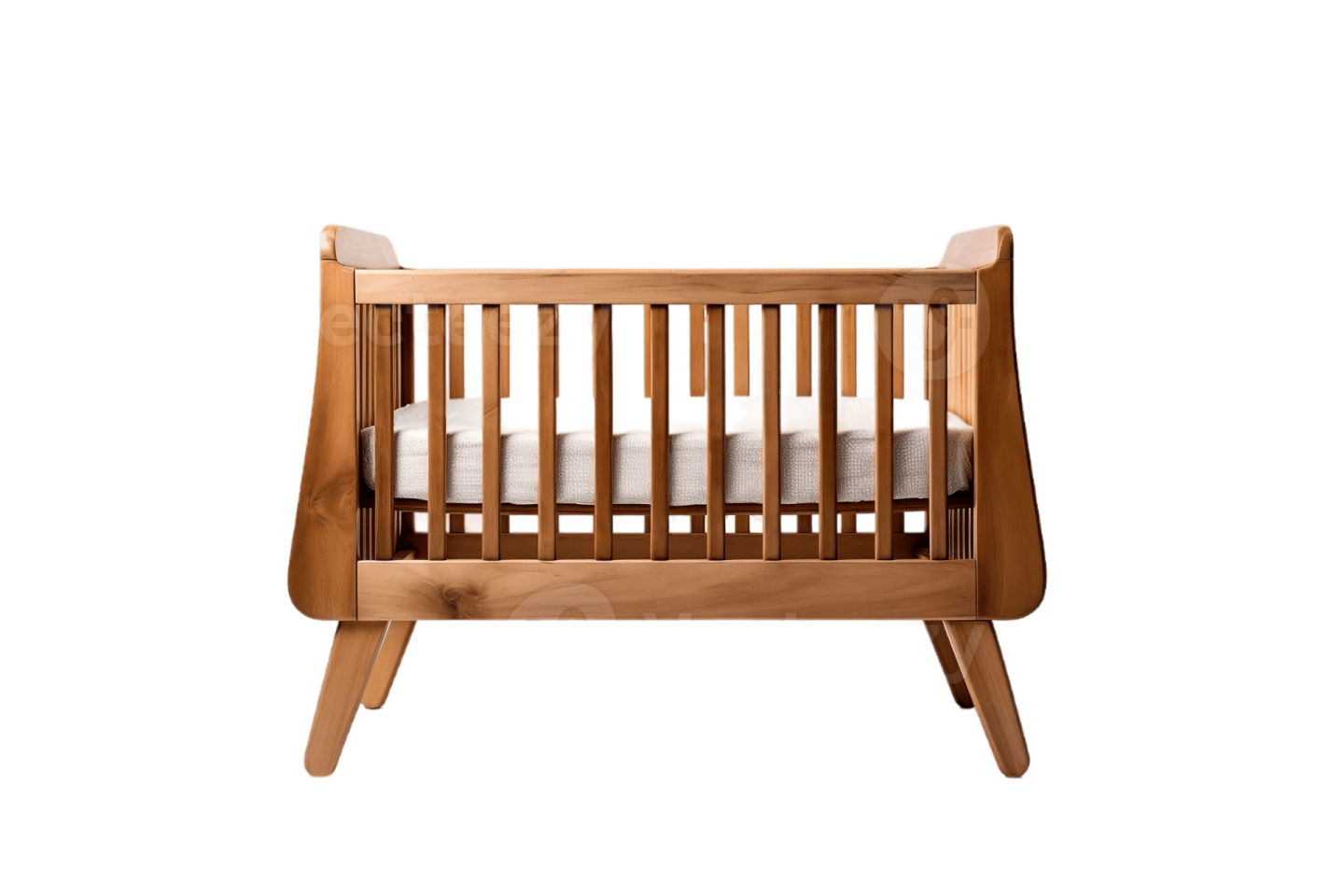 a wooden cribt with white sheets on it