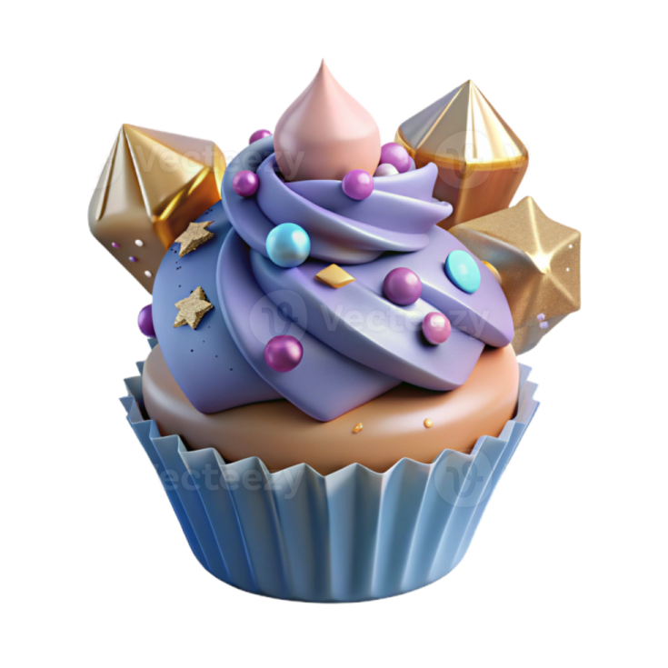 a cupcake with purple frosting and gold stars on top