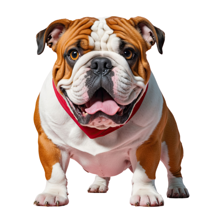 a brown and white dog with a red collar