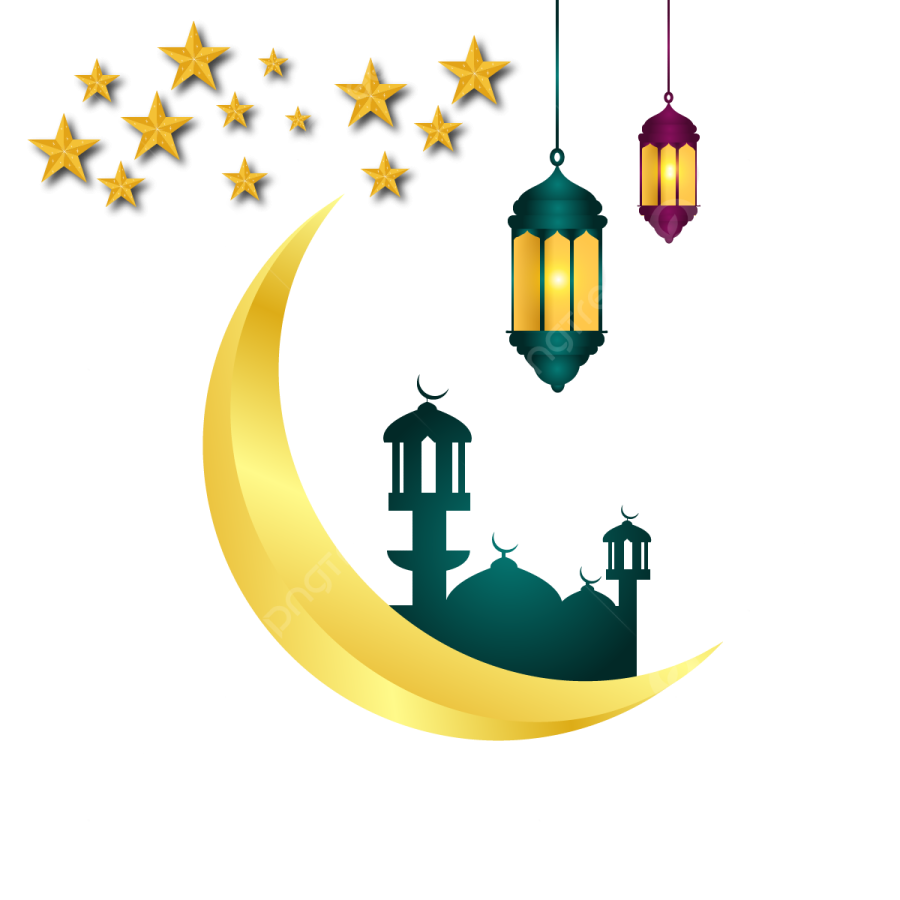 a crescent with lanterns and stars hanging from it