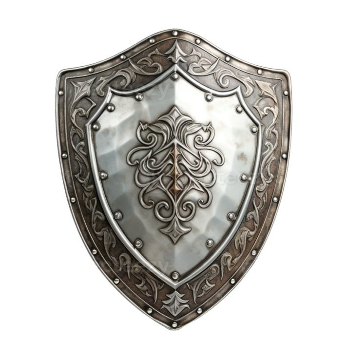 a metal shield with an ornate design on it