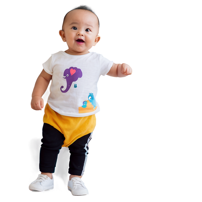 a baby wearing a white shirt and black pants
