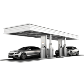 a silver car is parked at a gas station