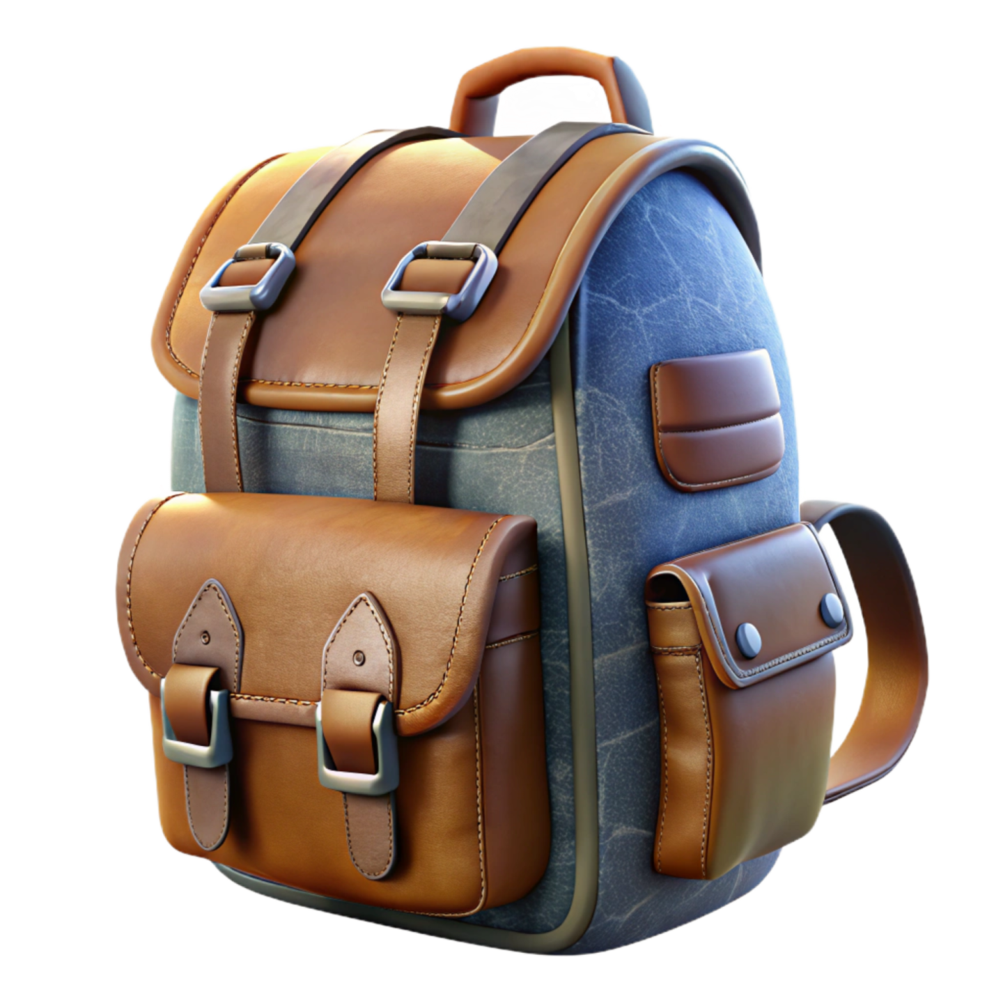 a brown and blue backpack with leather straps