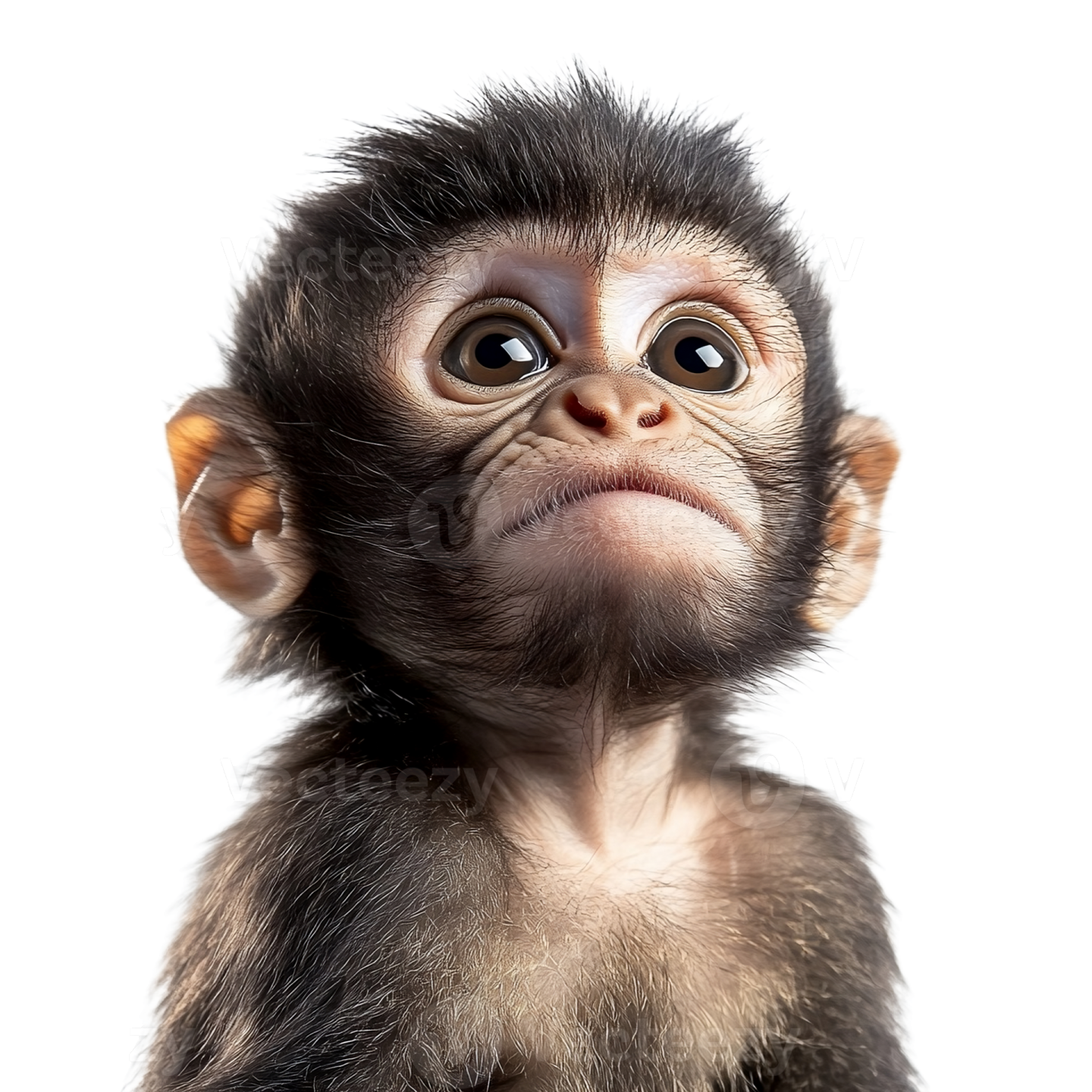 a baby monkey looking up at the camera