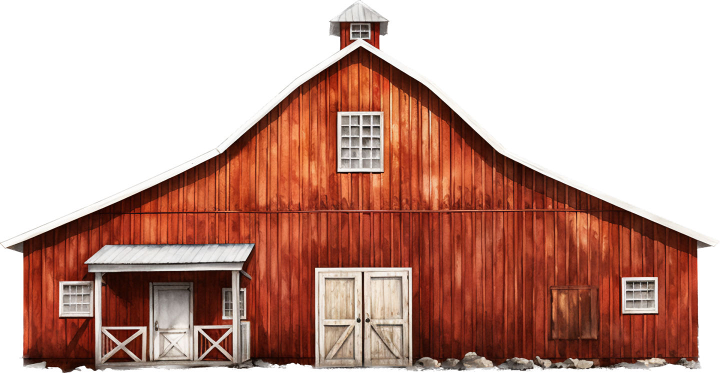 a red barn with a white roof