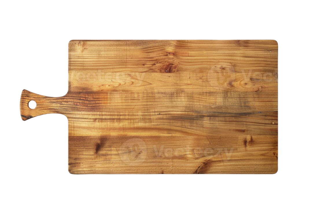 a wooden cutting board on a white background