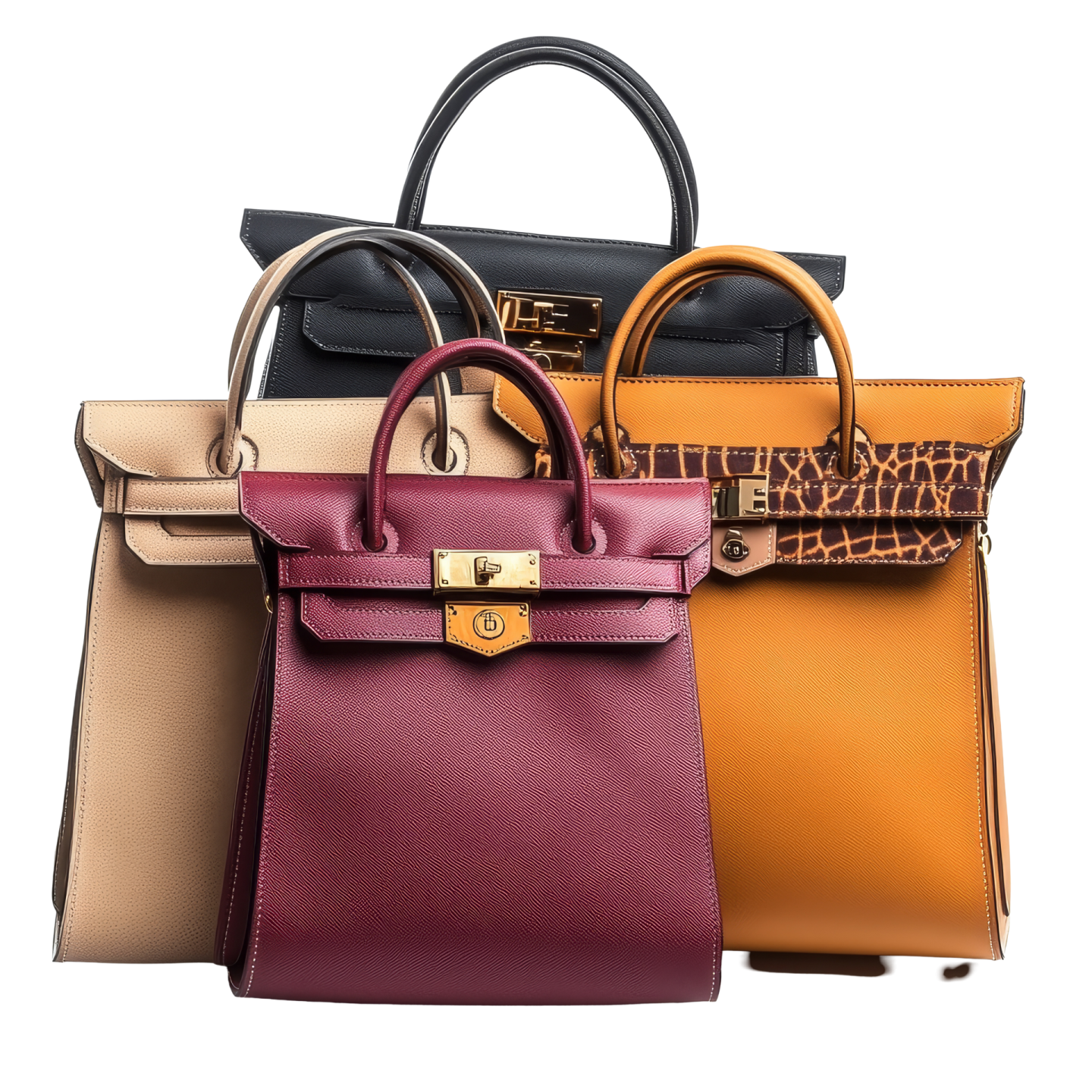 a row of hermes handbags