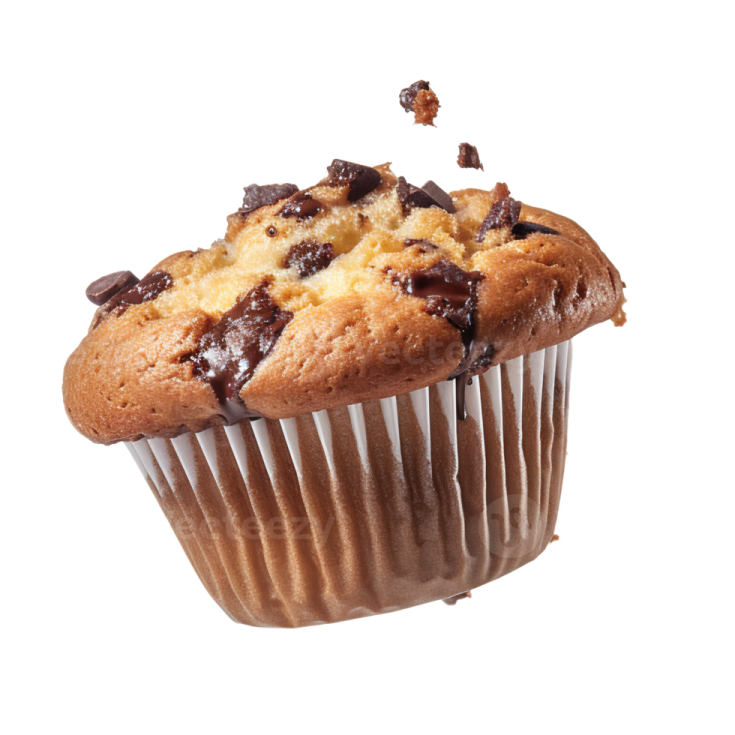 a chocolate chip muffin on a white background