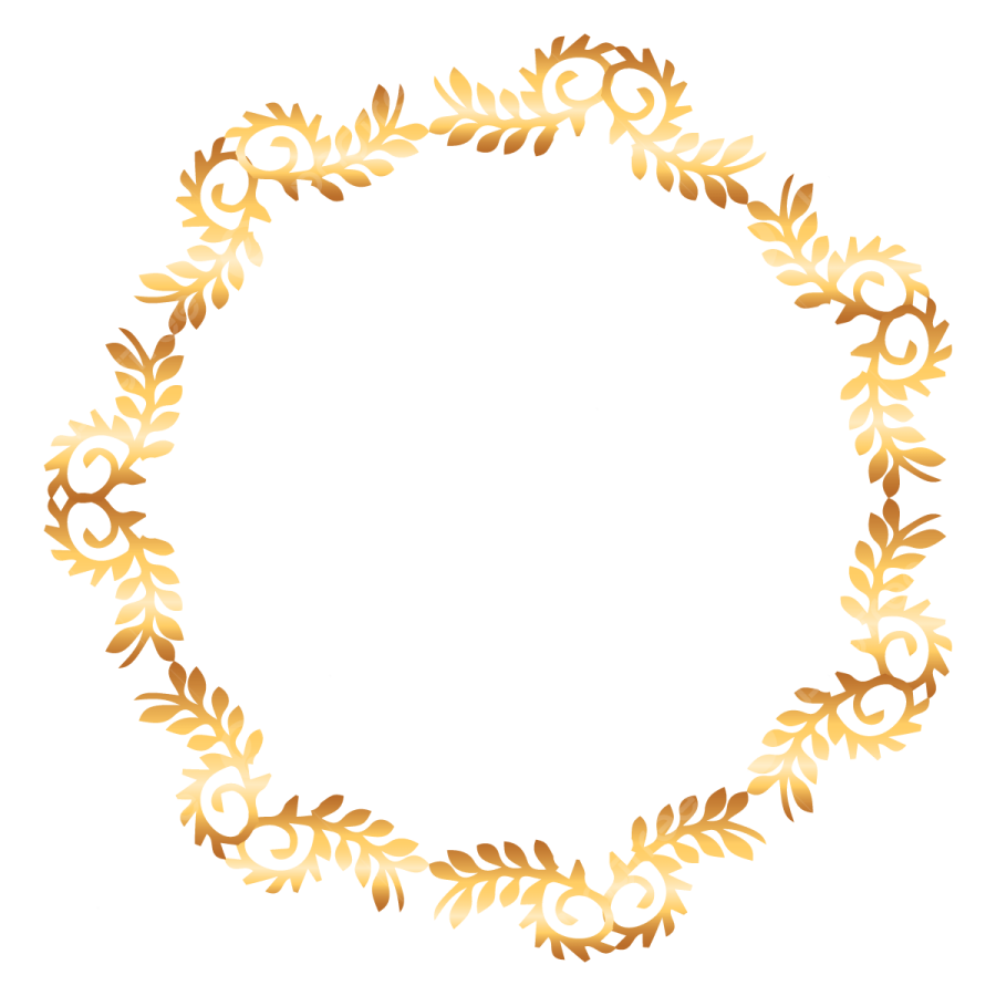 a gold wreath with leaves in the middle