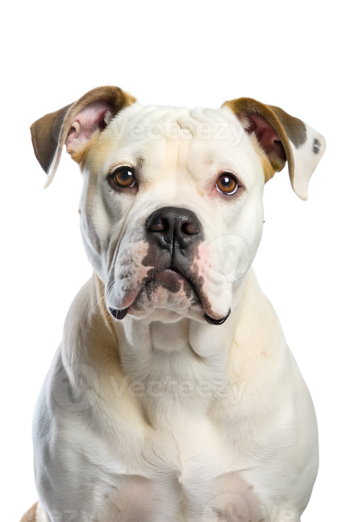 a white and brown dog sitting on top of a table