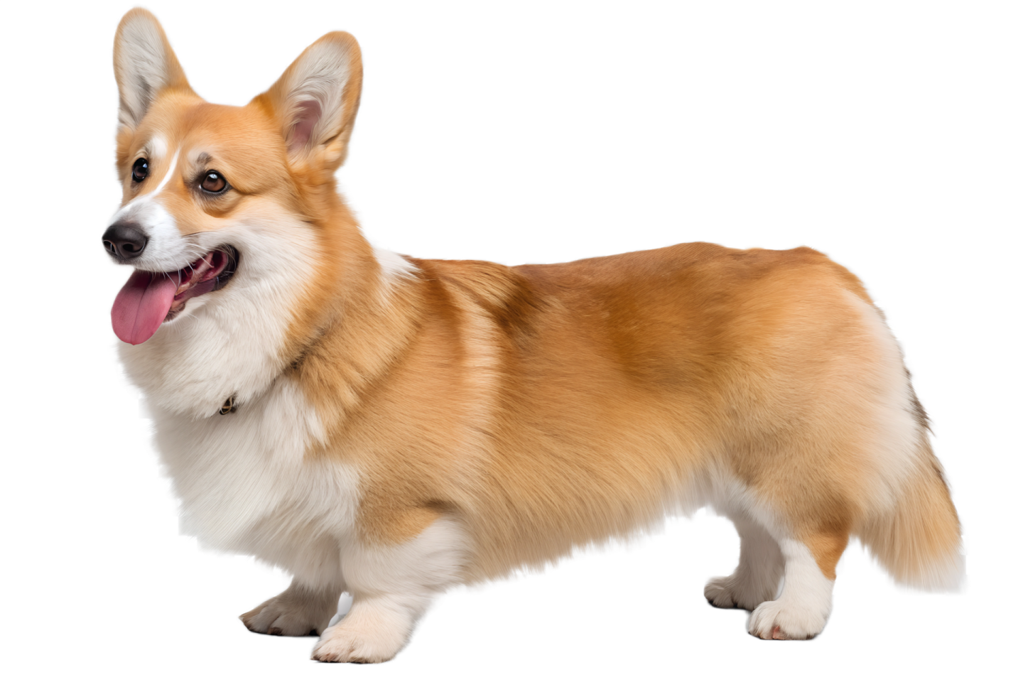 a brown and white dog with its tongue out