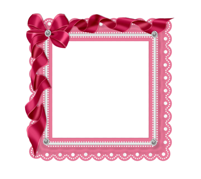 a pink frame with a red ribbon and bow