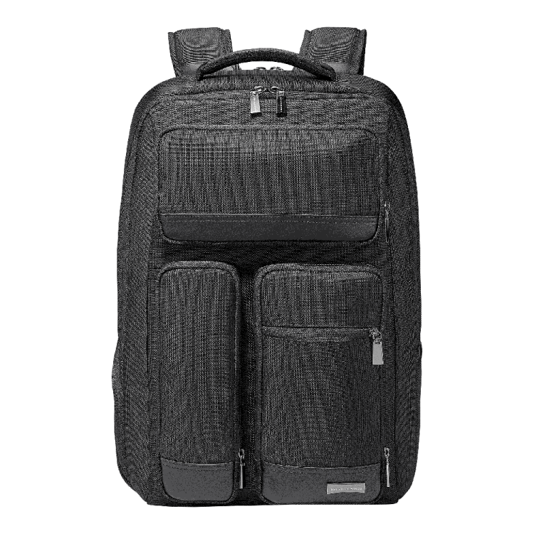 a black backpack with two compartments on the front