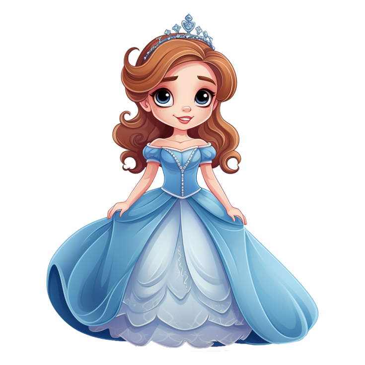 a little girl in a blue dress with a tia on her head