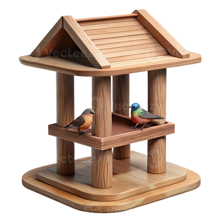a wooden bird feeder with two birds in it