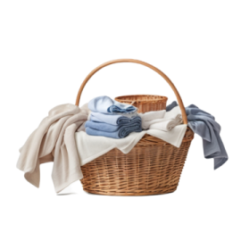 a basket filled with blue and white towels