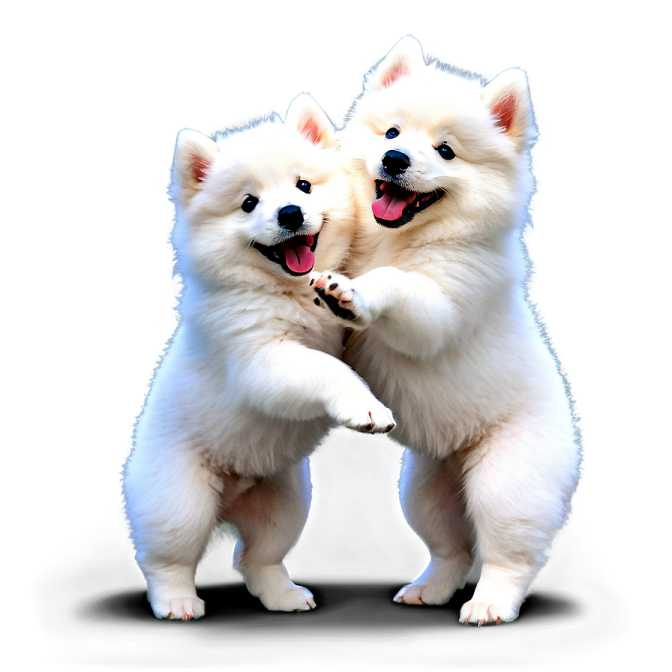 two small white dogs standing on their hinds