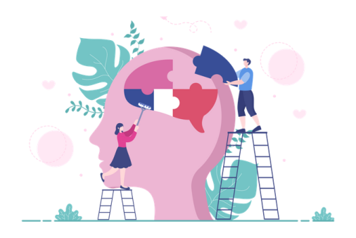 two people are working on a head with puzzle pieces