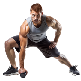 a man in grey shirt and black shorts doing squat