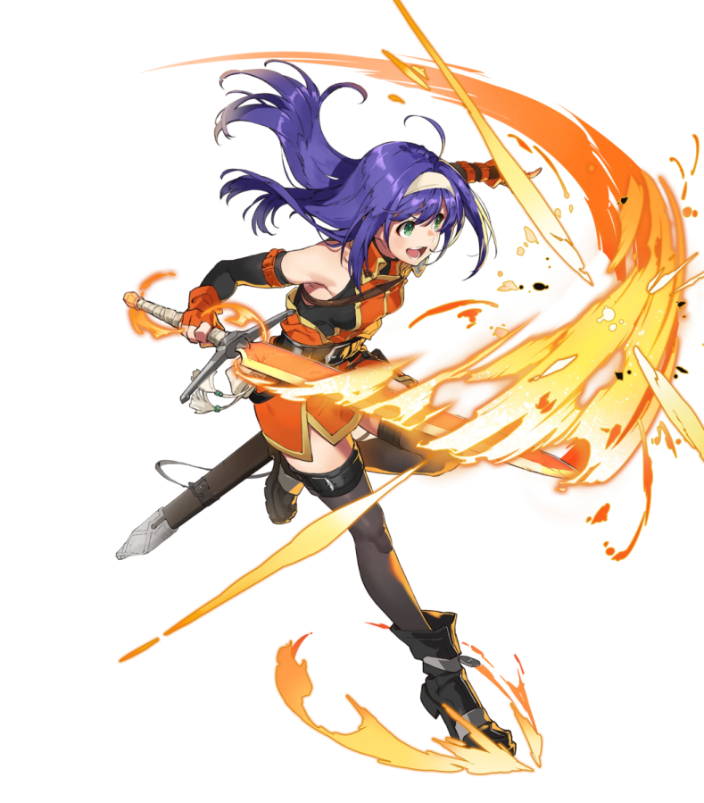 a girl with purple hair and orange hair holding a sword