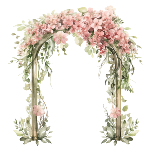 a floral arch with pink flowers and greene