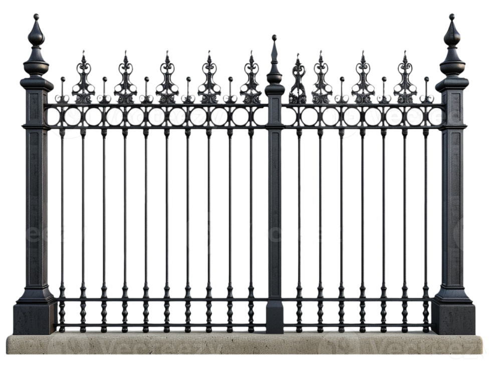 a black wrought fence on a white background