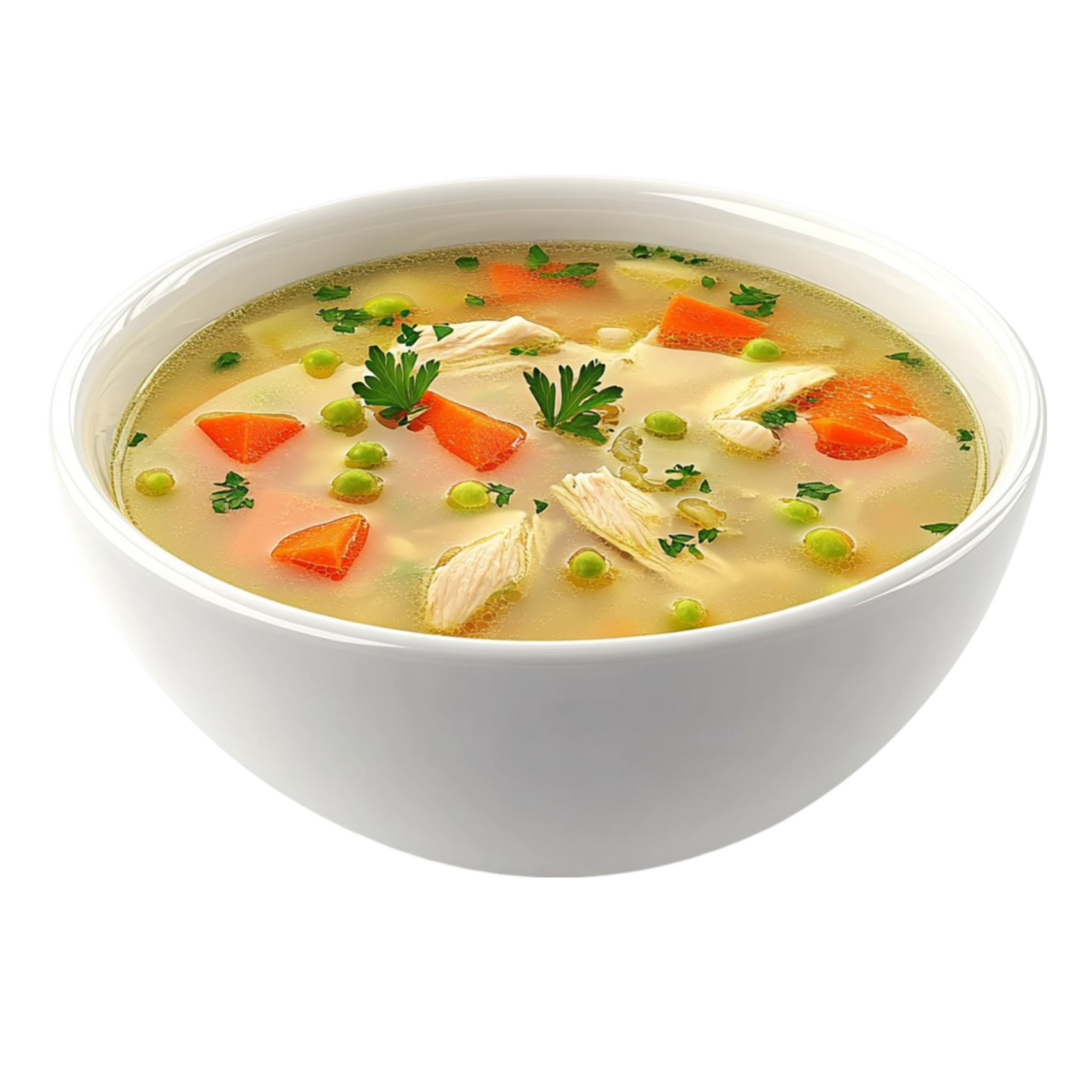 a bowl of chicken soup with carrots and peas