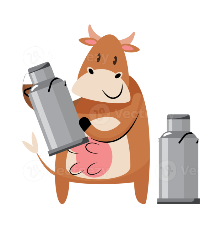 a brown cow holding a can of milk