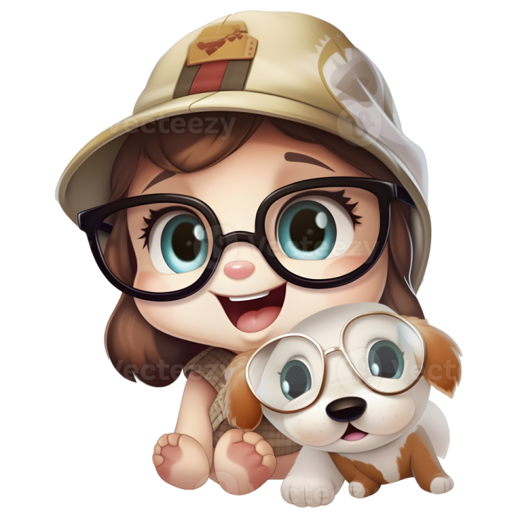 a cute little girl in a hat and glasses holding a puppy