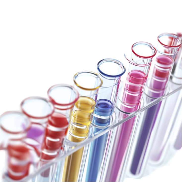 a row of test tubes filled with colored liquids