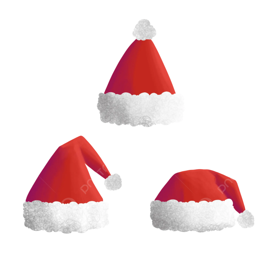 three red santa hats on a white background