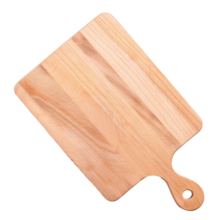 a wooden cutting board on a white background