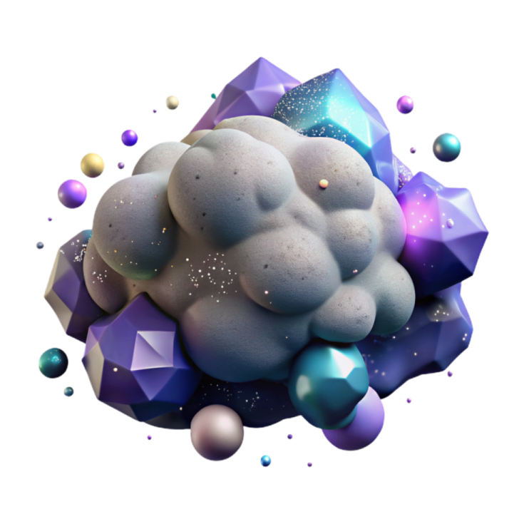 a white cloud with blue and purple spheres