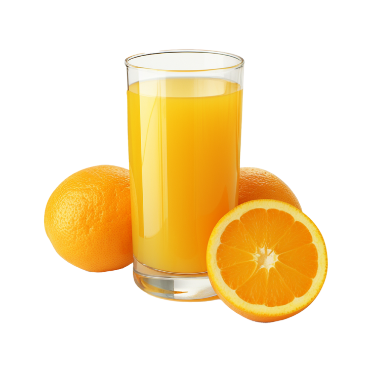 a glass of orange juice next to an orange slice