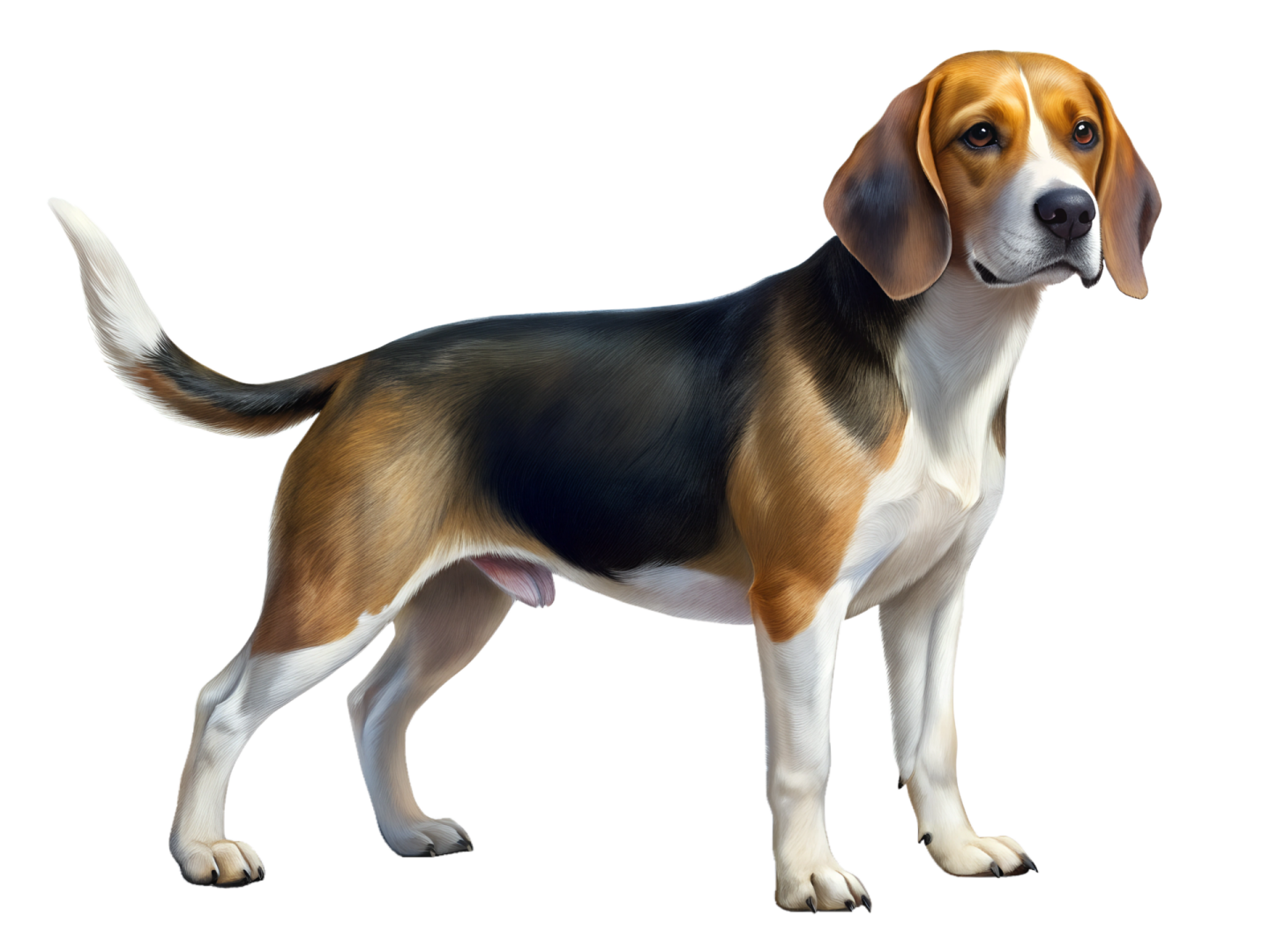 a brown and black dog standing on a white background