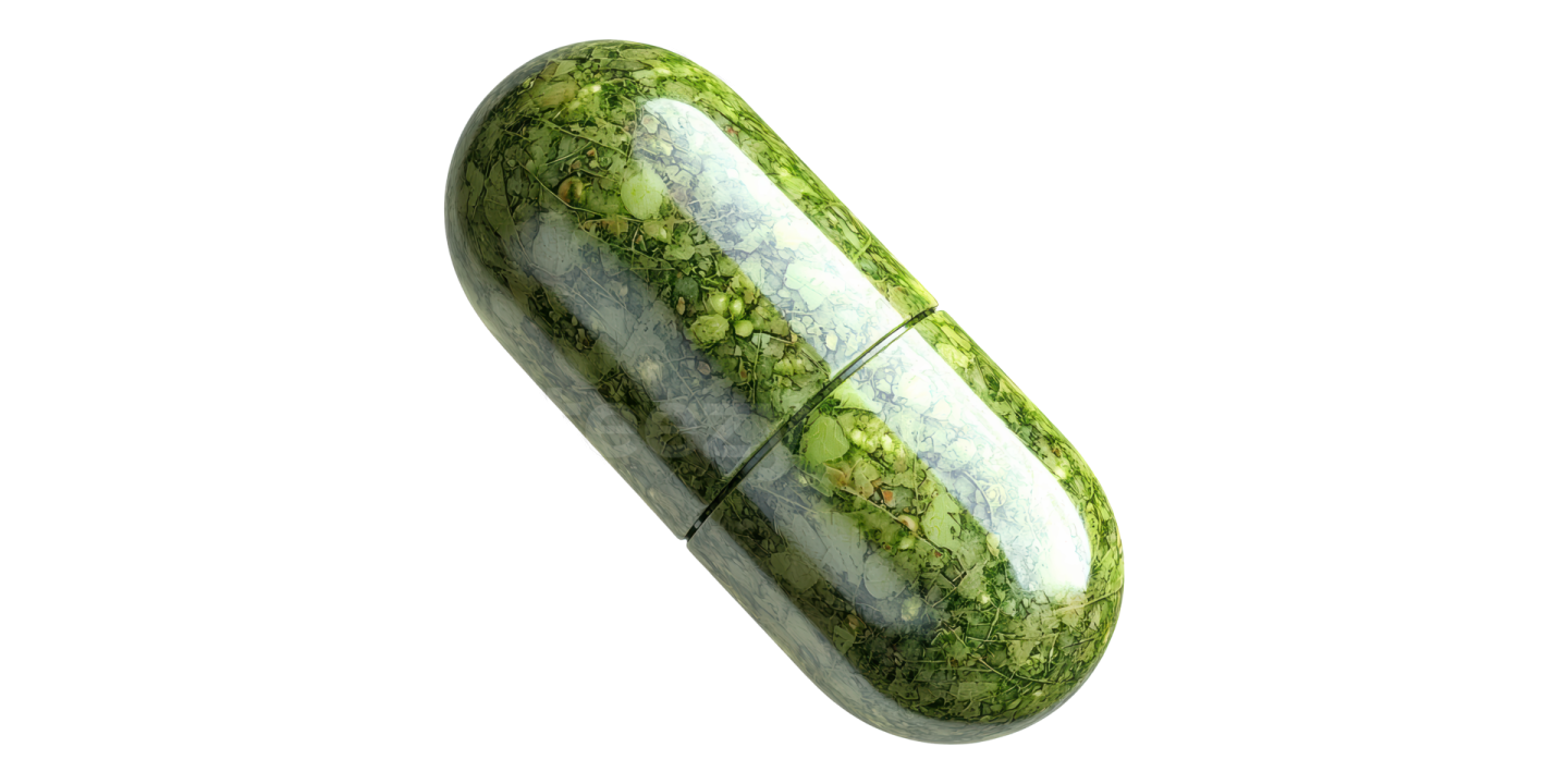 A green pill on a white background