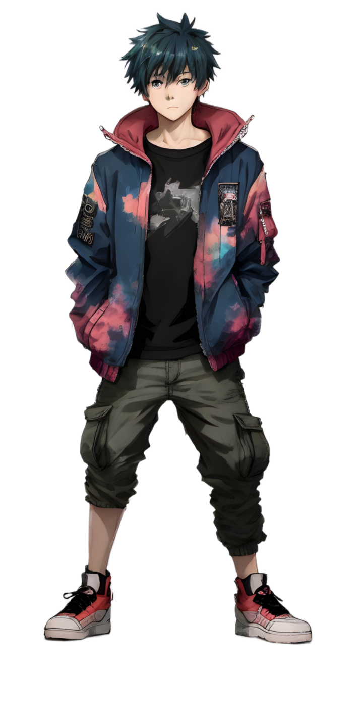 a boy in a black shirt and green pants with a red hoodie