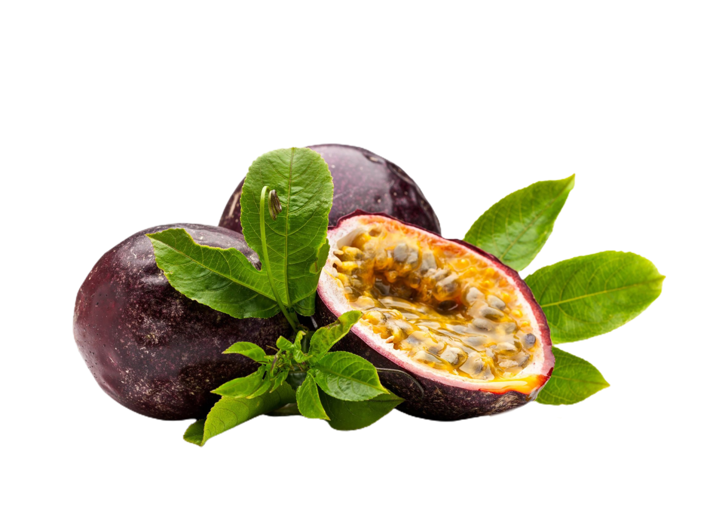 passion fruit with leaves on a white background