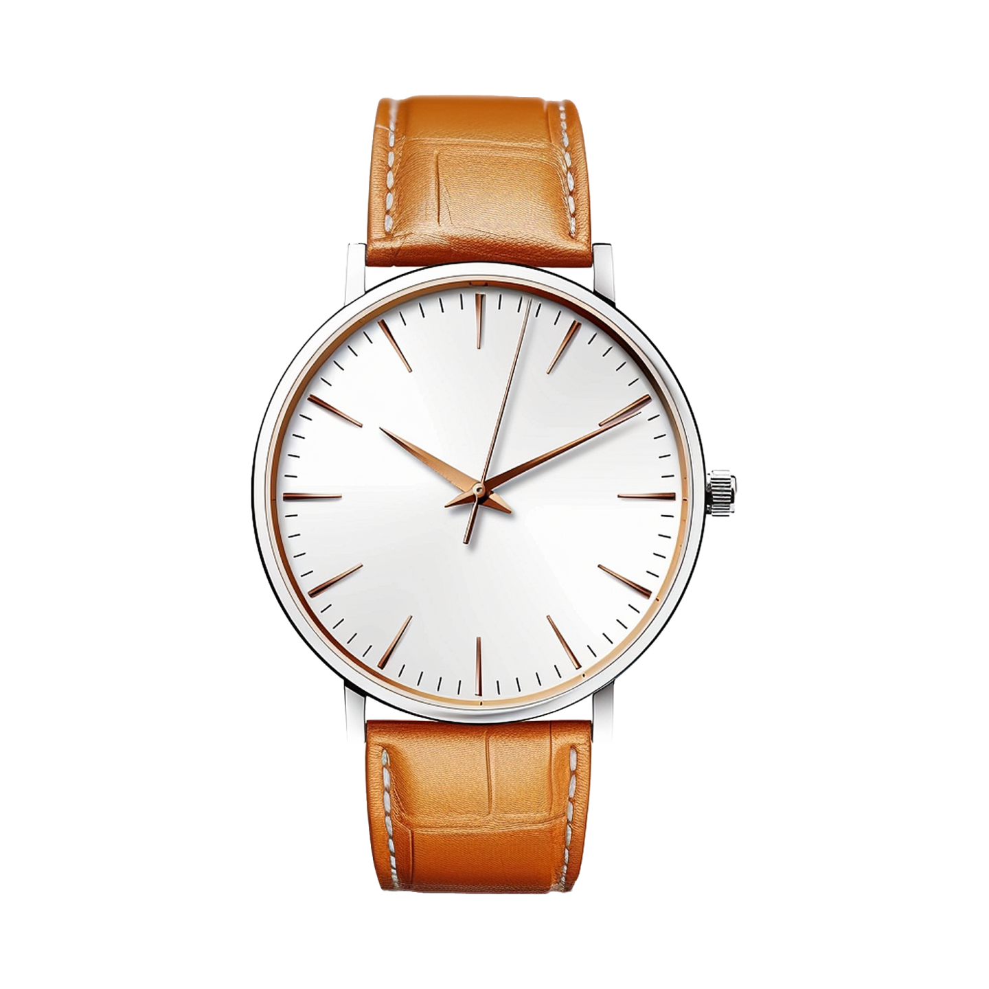 a white watch with brown leather strap
