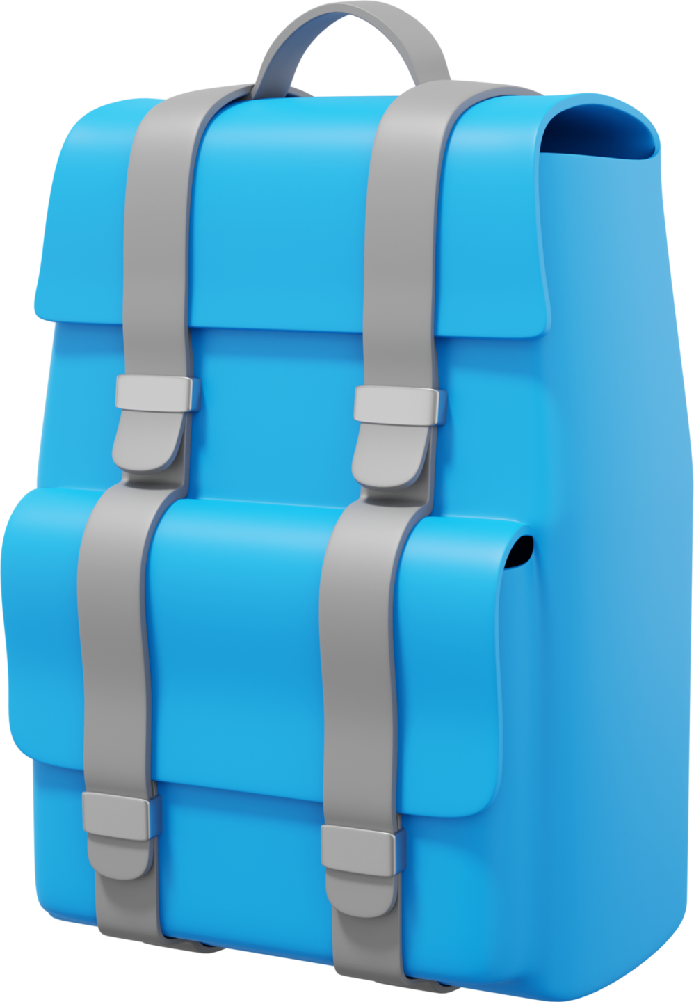 a blue backpack with grey straps