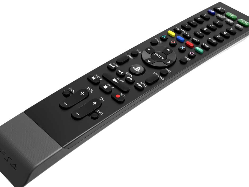a black remote control on a white background