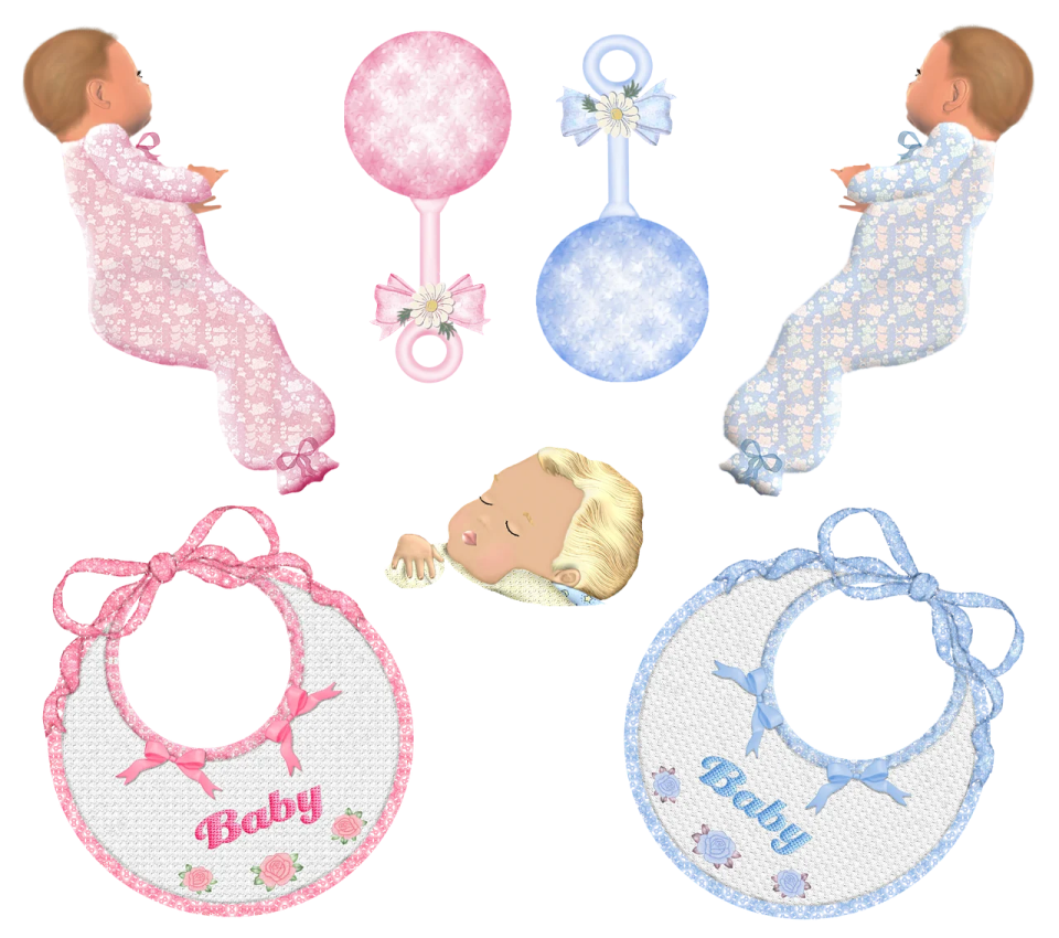 a set of four baby bis with pink and blue designs