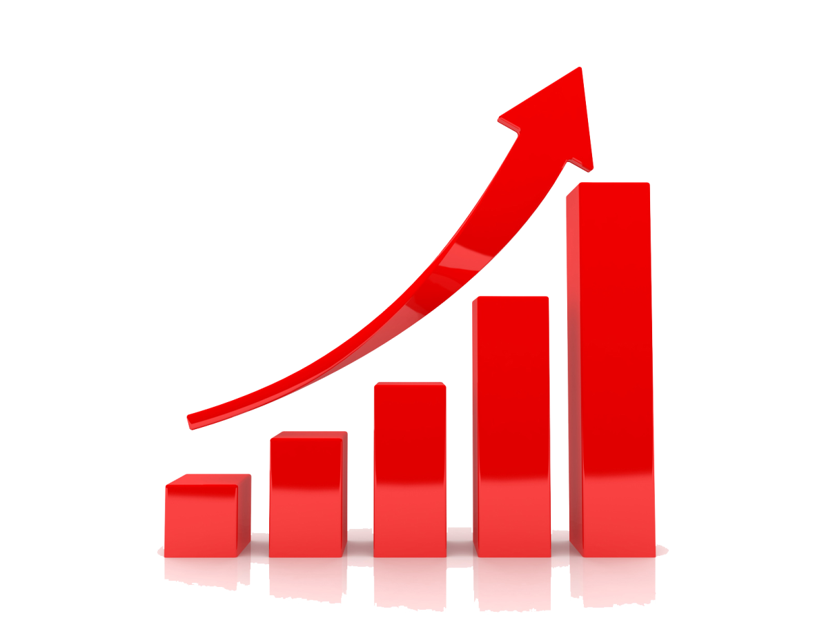 a red bar chart with an arrow pointing upward