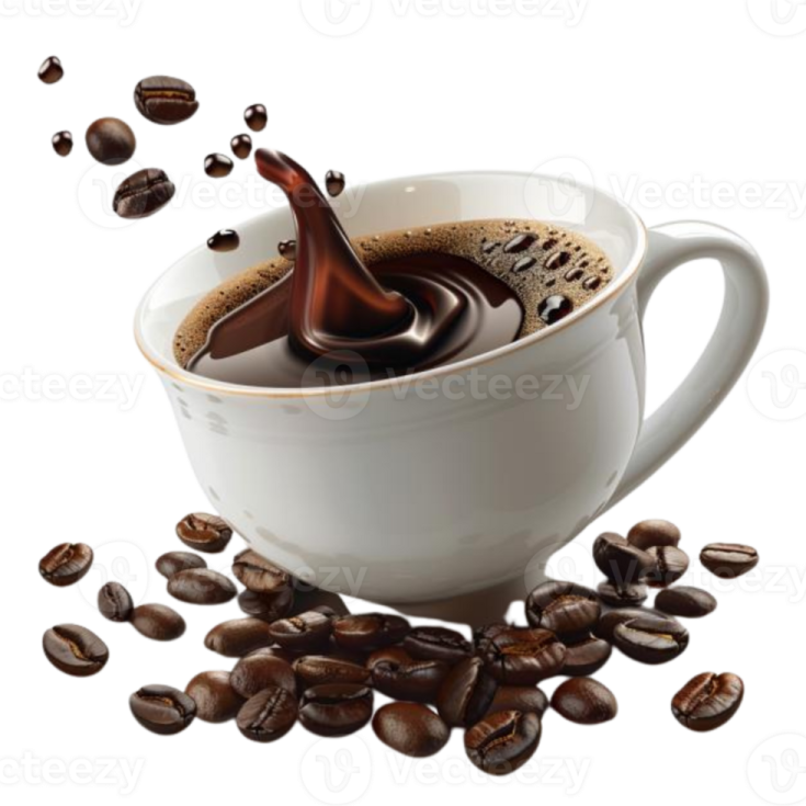 a cup of coffee with coffee beans falling out of it