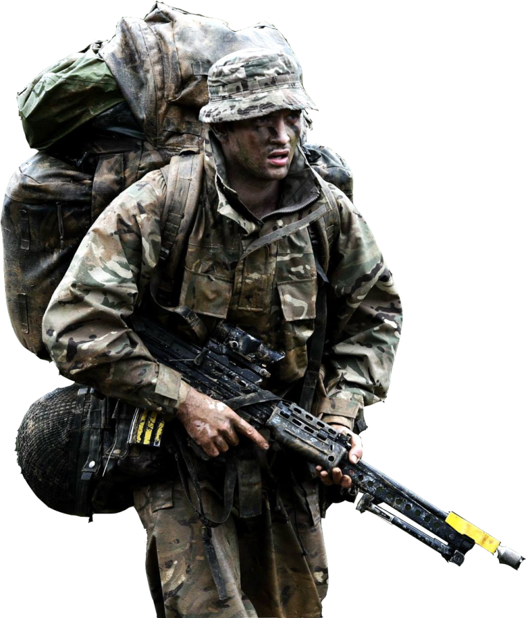 a man with a backpack and a rifle