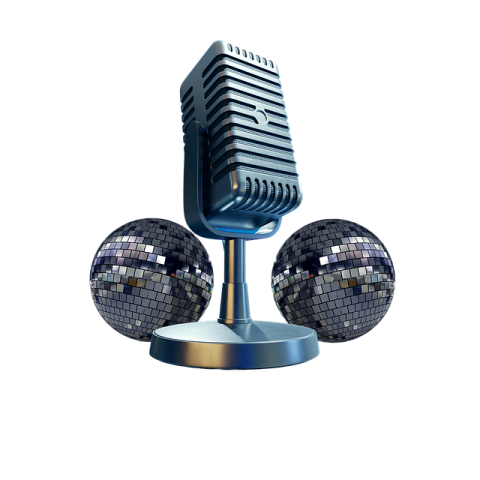 a microphone and two disco balls on a stand